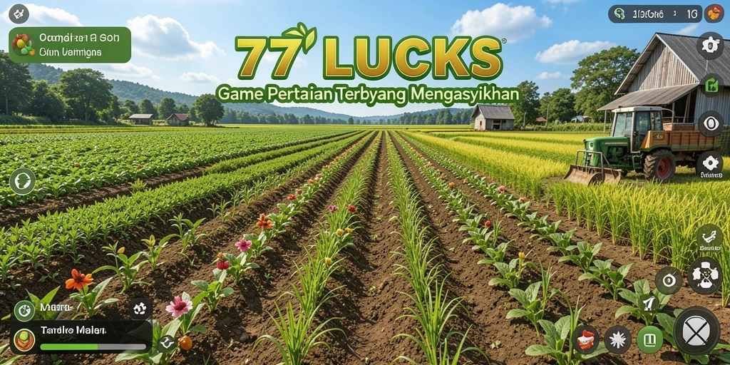 Screenshot gameplay utama 77LUCKS menampilkan aktivitas pertanian yang menyenangkan.