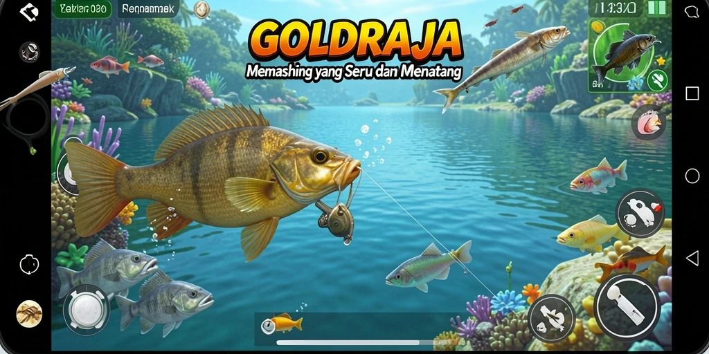 Tampilan gameplay <strong>GOLDRAJA</strong> yang mengasyikkan saat menangkap ikan.