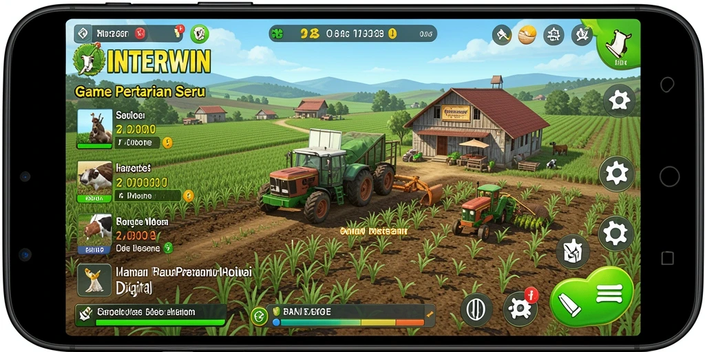 Tampilan gameplay INTERWIN dengan aktivitas bertani yang seru.