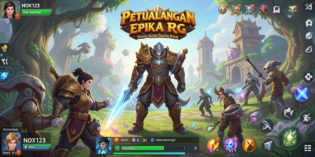 Tangkapan layar NOX123 menampilkan karakter beraksi dalam pertarungan epik di dunia fantasi.