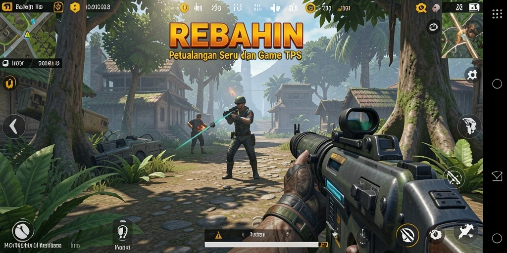 Tampilan gameplay seru dalam REBAHIN dengan aksi tembak-menembak yang intens.